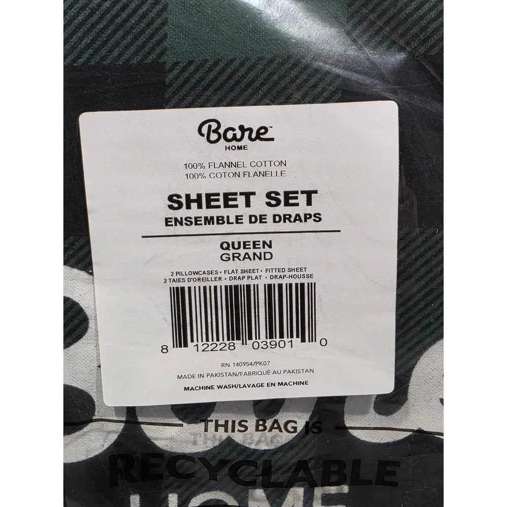 Bare Home Flannel Sheet Set‎ Queen Green Black Buffalo Check Plaid 100% Cotton